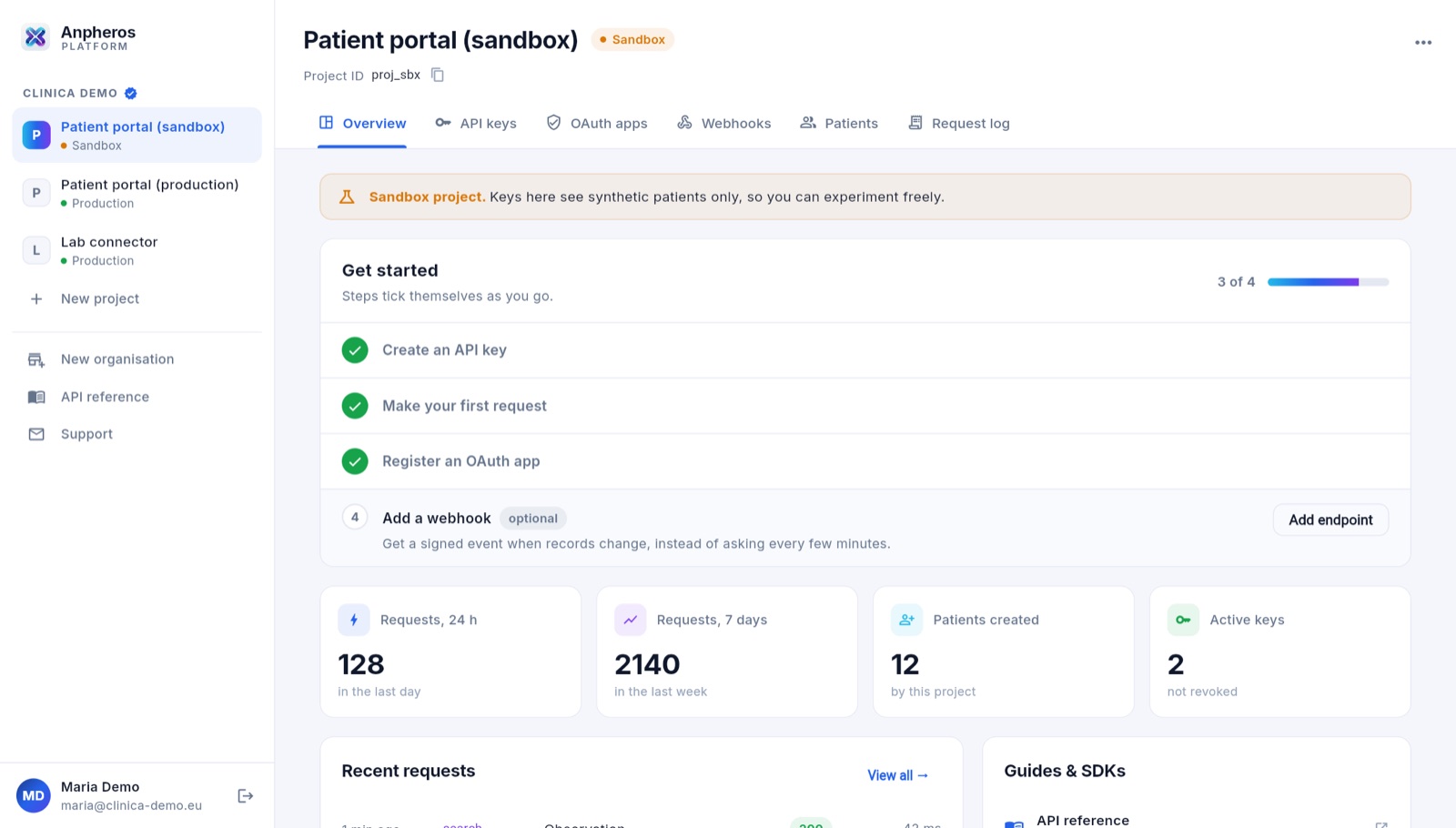 The Anpheros Platform dashboard for a sandbox project: get-started steps, requests, patients and keys